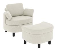 HOMCOM Fauteuil avec pouf de rangement, revêtement en velours côtelé, fauteuil de lecture enveloppant avec appuie-tête réglable, large assise, blanc crème