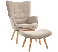 HOMCOM Fauteuil avec pouf, fauteuil à oreilles avec dossier haut, pieds en bois, fauteuil lounge au design tufté, aspect velours côtelé, pour le salon, marron clair