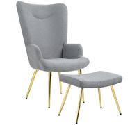 HOMCOM Fauteuil avec Repose-Pied Dossier Haut en Tissu Bouclette Fauteuil Salon Lecture avec Pieds en Acier doré pour Chambre à Coucher Salon Gris
