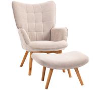 HOMCOM Fauteuil avec repose pied, dossier haut, pieds en bois et tissu aspect velours côtelé, pour salon chambre à coucher beige