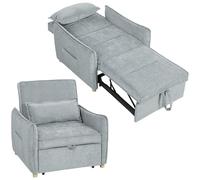 HOMCOM Fauteuil Convertible 1 Place 3 en 1, Fauteuil-lit clic-clac en Chenille avec Assise Large, Dossier réglable, Oreiller et Poches latérales, canapé-lit pour invités, Salon, Petits espaces, Gris