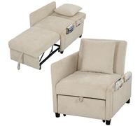 HOMCOM Fauteuil Convertible 1 Place, Fauteuil-Lit Clic-Clac 4 en 1 Rembourré en Chenille avec Dossier Réglable, Assise Large, Oreiller, Poches Latérales, Canapé-lit pour Invités, Salon, Bureau, Beige