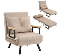 HomCom – Fauteuil convertible 3 en 1, dossier réglable, accoudoirs en bois, effet velours beige