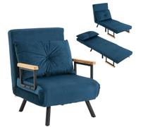 Fauteuil convertible HOMCOM 3 en 1 chauffeuse lit 1 place dossier réglable, accoudoirs en bois et coussin, tissu effet velours, bleu