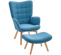 HOMCOM Fauteuil d'Appoint avec Repose-Pieds, Fauteuil Relax en Style Cordon, Fauteuil avec Accoudoirs en Bois, pour Salon, Bleu