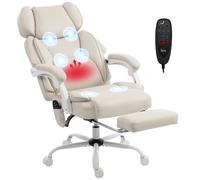 HOMCOM Fauteuil de bureau à dossier haut avec massage par vibration et chauffage, ergonomique, inclinable, avec repose-pieds, blanc crème