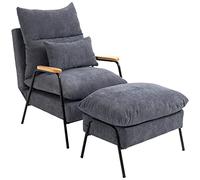 HOMCOM Fauteuil de Relaxation avec Repose Pied Style néo-rétro - Dossier inclinable - Structure Acier Noir accoudoirs Bois hévéa revêtement Velours côtelé Gris