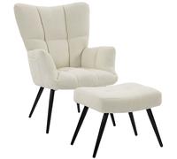 HOMCOM Fauteuil de Salon avec Repose-Pied, Fauteuil d'Appoint Capitonné en Peluche Teddy, Dossier Haut, Poches Latérales, Beige