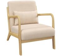 HomCom – Fauteuil lounge – 3 coussins, assise profonde, accoudoirs, structure bois hévéa – Beige
