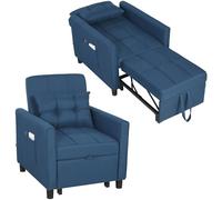 HOMCOM Fauteuil lit simple 3 en 1 avec dossier inclinable sur 3 niveaux, 2 roues, coussin, canapé lit simple pliable en tissu effet lin et bois, 69 x 82 x 85 cm, bleu