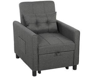 HOMCOM Fauteuil-lit simple 3 en 1 en Tissu Effet Lin et Bois avec Dossier Inclinable, Coussin, Poches, Gris