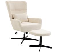 HOMCOM Fauteuil lounge pivotant 360° avec repose-pieds, réglable en hauteur, revêtement chenille, avec coussin lombaire, Crème
