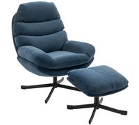 HOMCOM Fauteuil pivotant inclinable, avec Pouf, Large Assise, Bleu | Fauteuil de salon, aspect chenille, rembourré, fauteuil, pour salon, chambre