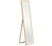 HOMCOM Grand miroir pleine longueur, miroir mural ou sur pied rectangulaire, 40 x 160 cm avec éclairage LED 3 couleurs, chêne