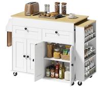HOMCOM Îlot Central Cuisine avec Plateau Extensible, Desserte de Cuisine sur roulettes avec 2 Tiroirs, 4 Portes, Porte-Serviettes et Porte-Épices, Style Rustique,127,2-189,2 x 50 x 87,8 cm, Blanc