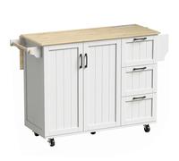 HOMCOM Îlot Central Cuisine avec Plateau Rabattable 2 Prises et 2 Ports USB Desserte de Cuisine sur Roulettes 3 Tiroirs Blanc