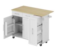 HOMCOM Îlot Central Cuisine avec Plateau Rabattable, Roulettes, 2 Tiroirs, Portes à Fermeture Douce, Porte-Serviettes, Blanc
