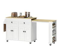 HOMCOM Îlot Central Cuisine Plateau Extensible 127,2-189,2x50x87,8 cm Blanc | Desserte de Cuisine Sur Roulettes, 2 Tiroirs, 4 Portes, Porte-Serviettes, Porte-Épices, Style Rustique