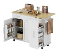 HOMCOM Îlot Central Cuisine Plateau Rabattable 129 x 65 x 91 cm Blanc | Desserte de Cuisine sur Roulettes, 2 Tiroirs, Portes à Fermeture Douce, Porte-Serviettes, Style Moderne