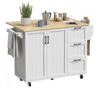 HOMCOM Îlot Central Cuisine Plateau Rabattable 134,5x75,2x90,5cm Blanc | 2 Prises 2 Ports USB, Desserte Cuisine sur Roulettes, 3 Tiroirs 2 Portes, Porte-Serviettes Porte-Épices, Étagère Réglable