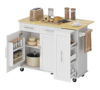 HOMCOM Îlot Cuisine Plan Coulissant, roulettes Blanc 129x65x91cm | 2 tiroirs, 2 portes amortie, tiroir 3 niv. coulissant, chariot service porte-serviettes, meuble cuisine, chariot cuisine