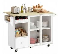 HOMCOM Îlot Cuisine Rabattable, Porte-Bouteilles, Blanc & chêne | Chariot de cuisine, portes coulissantes en verre, roulettes, tiroir, étagère à épices, étagère réglable.
