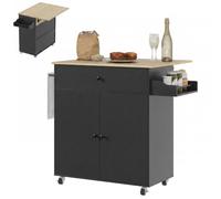 HOMCOM Îlot de Cuisine avec abattant, tiroir, Porte-épices, Noir | Chariot de cuisine roulant sur roues, chariot de rangement, étagère réglable
