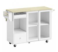 HOMCOM Îlot de Cuisine avec Plan de Travail Rabattable Roulettes Portes Coulissantes en Verre Range-bouteilles Tiroir Porte-épices Étagère Réglable