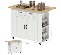 HOMCOM Îlot de Cuisine avec Station de Charge à roulettes 2 Tiroirs Blanc | Chariot de Cuisine, Plan de Travail Rabattable, Racks à Épices, Étagère Réglable, pour Cuisine et Salle à Manger