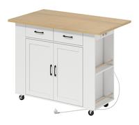 HOMCOM Îlot de Cuisine avec Station de Charge, Chariot de Cuisine à Roulettes avec Plan de Travail Rabattable, 2 Tiroirs, Blanc