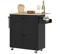 HOMCOM Îlot de Cuisine Roulant Noir | Tiroir, armoire de cuisine avec étagère, porte-serviettes, plan de travail pliable, porte-épices, chariot de service.