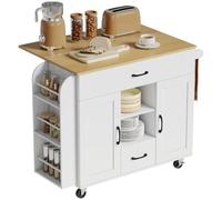 HOMCOM Îlot de Cuisine sur roulettes avec 2 tiroirs Blanc 115x40(70) x89cm | 2 portes amortie, plan rabattable, chariot cuisine, chariot service porte-épices, porte-serviettes, étagères réglables
