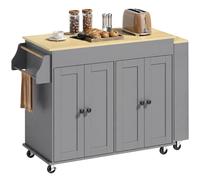 HOMCOM Îlot de cuisine sur roulettes Plan de travail extensible 4 portes Étagères réglables Range-épices et porte-serviettes Gris