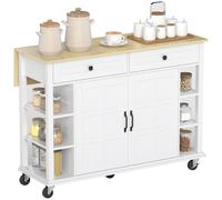 HOMCOM Îlot de Cuisine sur Roulettes Plan de Travail Pliable 2 Portes à Fermeture Douce 2 Tiroirs 6 Étagères Ouvertes Blanc