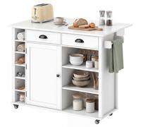 HOMCOM Îlot de cuisine sur roulettes plateau rabattable porte-épices porte-serviettes armoire 2 tiroirs 117,5x70x91 cm blanc