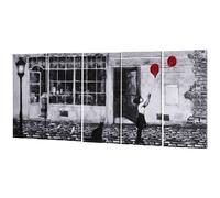 HOMCOM Impression sur Toile avec Fille, 80x40cm, 5 Pièces pour Maison et Bureau, Toile en Bois de Pin et Peinture à l'Eau, Noir Blanc Rouge