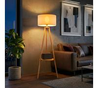 Homcom Lampadaire trépied design scandinave dim. 50L x 50l x 154 cm 40 W max. étagère intégrée bois massif pin abat-jour toile lin beige