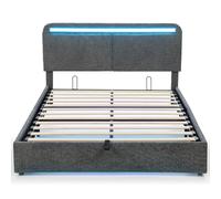 HOMCOM Lit coffre 140 x 190 cm avec éclairage LED, tête de lit réglable, cadre de lit double, sommier à lattes en bois, gris