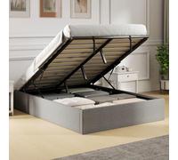 HOMCOM Lit Coffre 140 x 190 cm, Cadre de Lit Double, Rangement Caché, Gris | Rembourré Tissu Aspect Lin, Sommier à Lattes en Bois, Sans Bruit, Vérin à Gaz, Montage Facile