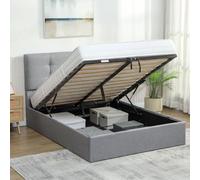 HOMCOM Lit Coffre 140 x 190 cm, Cadre de Lit Double Rembourré 500 kg Gris | Sommier à Lattes en Bois, Rangement Caché, Tête Capitonnée, Tissu Aspect Lin, Sans Matelas