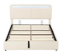 HOMCOM Lit Coffre 140 x 190 cm, LED RGB, Tête Réglable, Cadre de Lit Double Rembourré Velours, Rangement Hydraulique, Crème