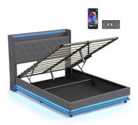 HOMCOM Lit coffre 140x190cm éclairage LED et station de charge cadre de lit double rembourré lin rangement hydraulique gris