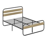 HOMCOM Lit double 140 x 190 cm, cadre de lit en acier style industriel, tête de lit et sommier inclus, aspect bois