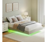 HOMCOM Lit Flottant 140 x 190 cm avec Éclairage LED Intelligent, Beige | Cadre de Lit Double Rembourré en Lin, Sommier à Lattes en Bois, Espace de Rangement Au-Dessous, Sans Bruit, Montage Facile