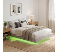 HOMCOM Lit Flottant 160 x 200 cm avec Éclairage LED Intelligent, Beige | Cadre de Lit Double Rembourré en Lin, Sommier à Lattes en Bois, Espace de Rangement Au-Dessous, Sans Bruit, Montage Facile