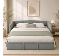 HOMCOM Lit Gigogne 90/180x190 cm Canapé Lit Convertible 3 Places Gris Clair | Sommier à Lattes en Bois, Tête Rembourrée en Velours, 2 Poches Latérales et Accoudoirs, Montage Facile, Sans Matelas