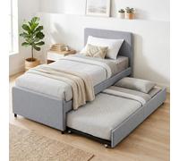 HOMCOM Lit Gigogne 90 x 190 cm avec Cadre de Lit Simple/Double, Tête et Pied Rembourrés en Tissu Effet Lin, Sommier à Lattes en Bois, Capacité 400 Kg, Installation Aisée, Gris Clair, sans Matelas