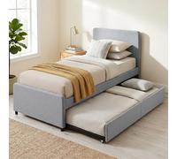 Lit gigogne - HOMCOM - 90 x 190 cm - sommier à lattes en bois - tête et pied rembourrés en tissu aspect lin - gris clair