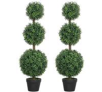 HOMCOM Lot de 2 Arbres Artificiels 101,6 cm 3 Boules de Buis Topiaires Vert | Plantes Artificielles PE, Fausse Plante, Pot en Plastique Rempli de Ciment, Décoration Intérieure et Extérieure