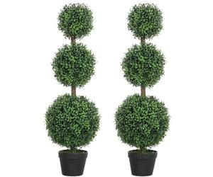 HOMCOM Lot de 2 Arbres Artificiels 101,6 cm 3 Boules de Buis Topiaires Vert | Plantes Artificielles PE, Fausse Plante, Pot en Plastique Rempli de Ciment, Décoration Intérieure et Extérieure